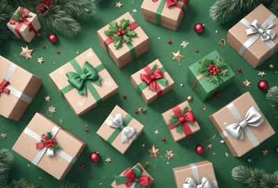 The primary subject of the image is a collection of wrapped Christmas presents. The presents are arranged in a visually appealing manner, with some of them placed on a green surface. The setting appears to be a festive environment, possibly a holiday display or a gift-wrapping area. The visual style of the image is a combination of photo and digital art, creating a realistic yet artistic representation of the wrapped presents. The colors and mood of the image are predominantly green and festive, reflecting the holiday